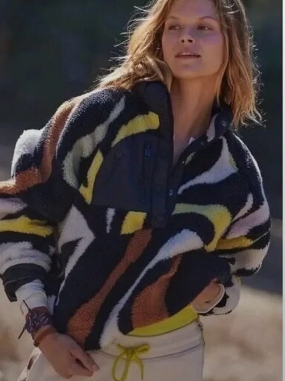 FP Movement by Free People Fleece Pullover Jacket in Black, White & Yellow